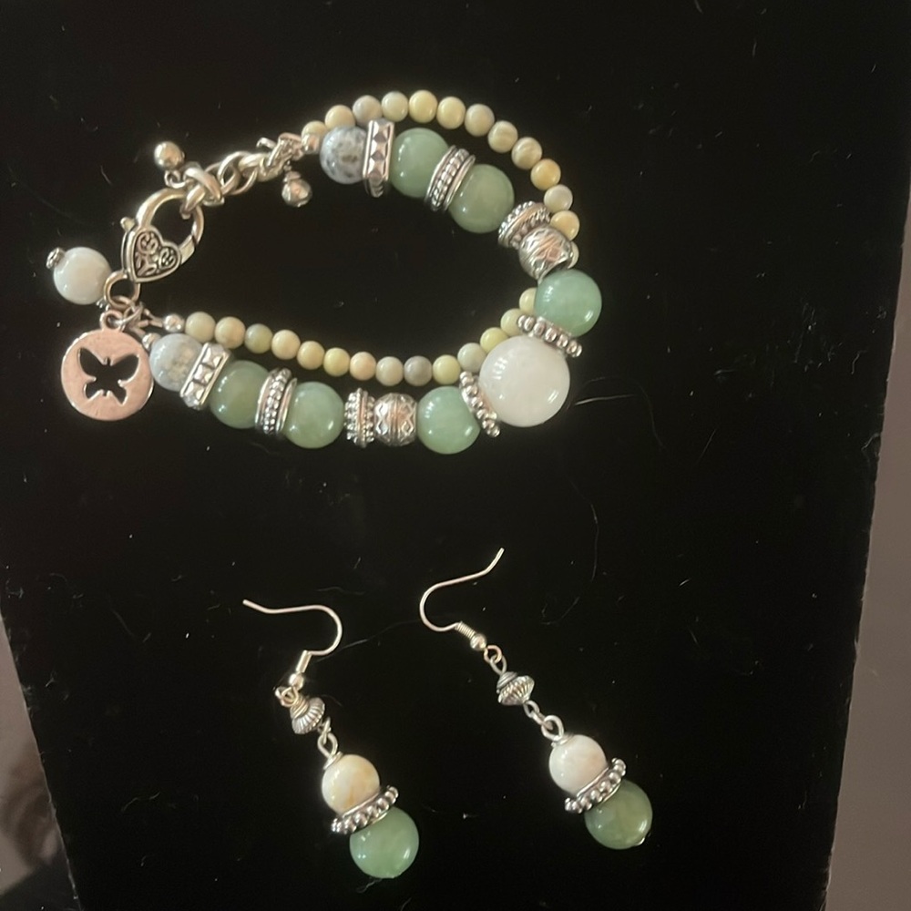 Handmade Sage Green Charmed Beaded Bracelet & Earrings